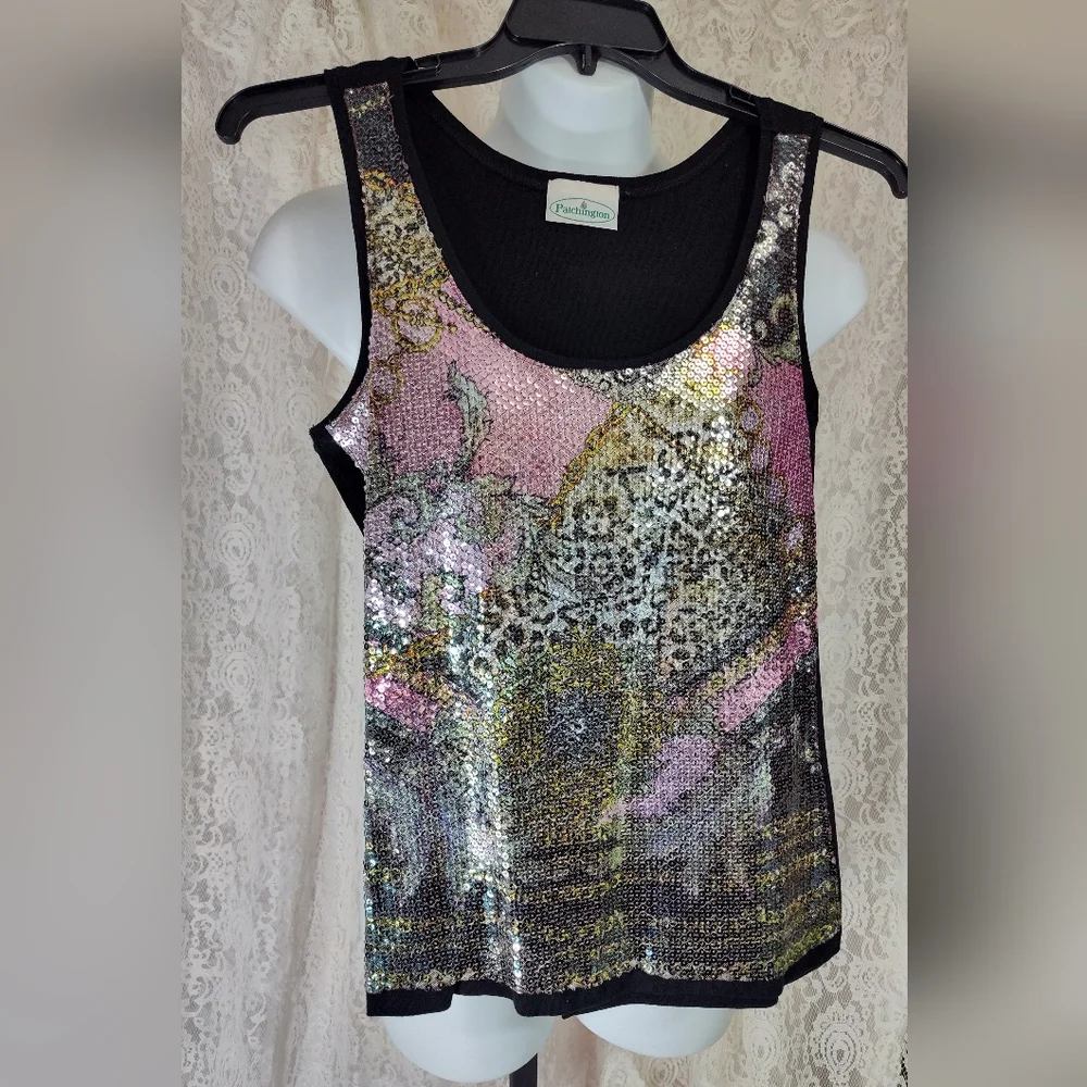 Patchington Black Green Pink Sequin Tank Top Size L NWOT